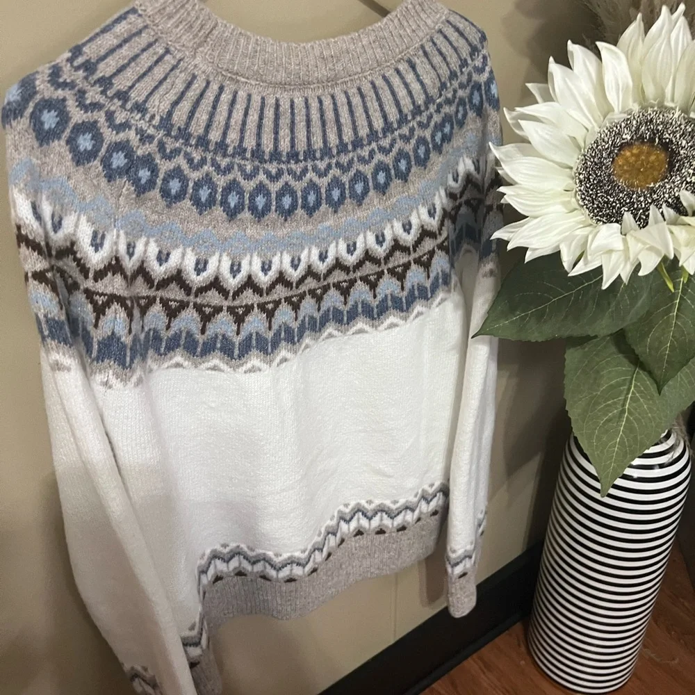 Cozy Nordic Pattern Sweater - White, Blue, and Brown
